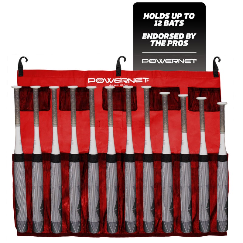 PowerNet Hanging Bat Bag Caddy for Baseball and Softball Teams, Team Bag Dugout Organizer, Holds 12 Hanging Bats on Fence (Red) - Image 1